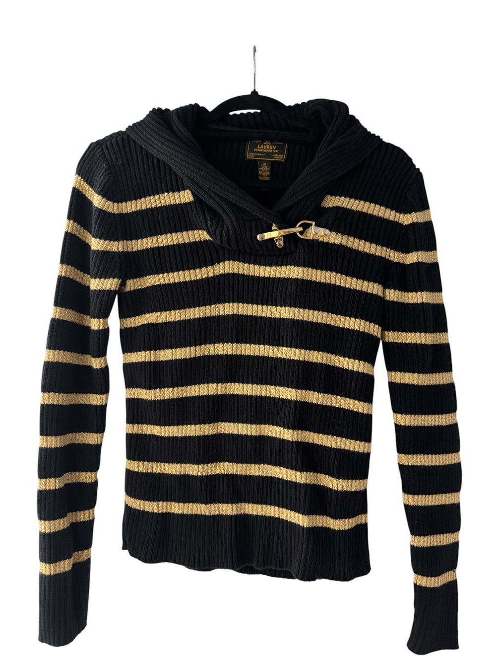 Lauren Ralph Lauren Black & Cream Striped Shawl-Collar Sweater with Toggle - Picture 3 of 4